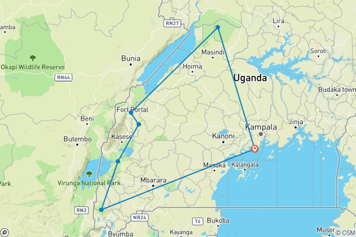 Carte du circuit 11 jours Ouganda plus Gorilles