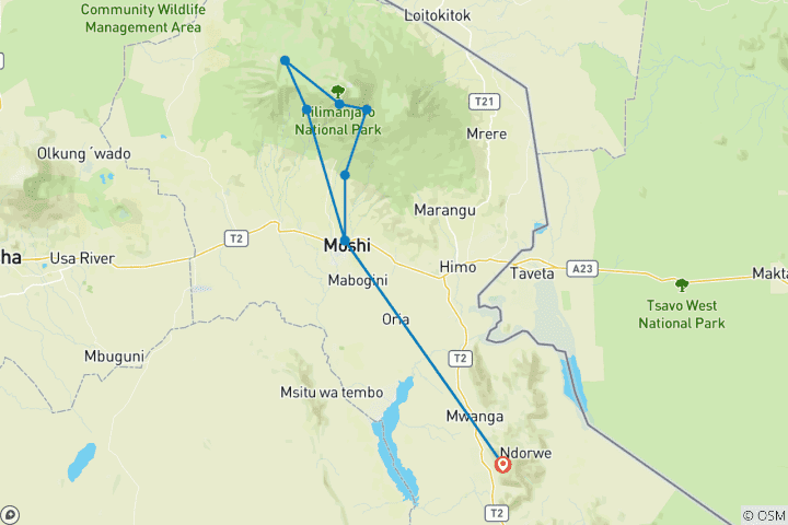 Map of 8 Days Tanzania Mount Kilimanjaro Trek using Machame Route