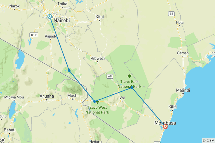 Mapa de Safari de 5 días en Kenia por los parques de Amboseli y Tsavo desde Nairobi a Mombasa