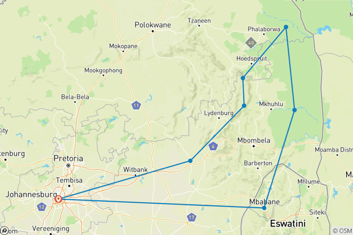 Carte du circuit Parc national de Kruger, route panoramique et visite de l'Eswatini