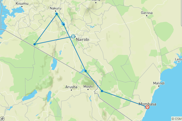 Map of 7 Days Kenya mid range Joining Safari