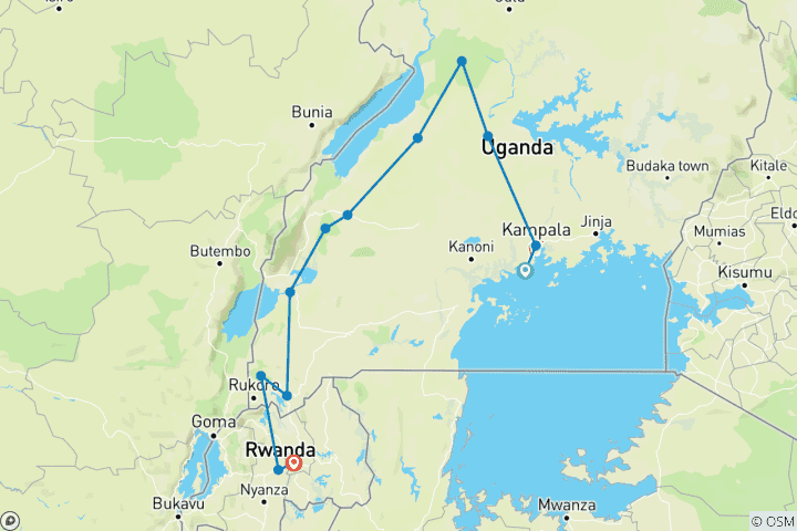 Map of 10 Days Uganda's Gorillas Encounter, Wildlife & Kigali City Tour ( Private tour)