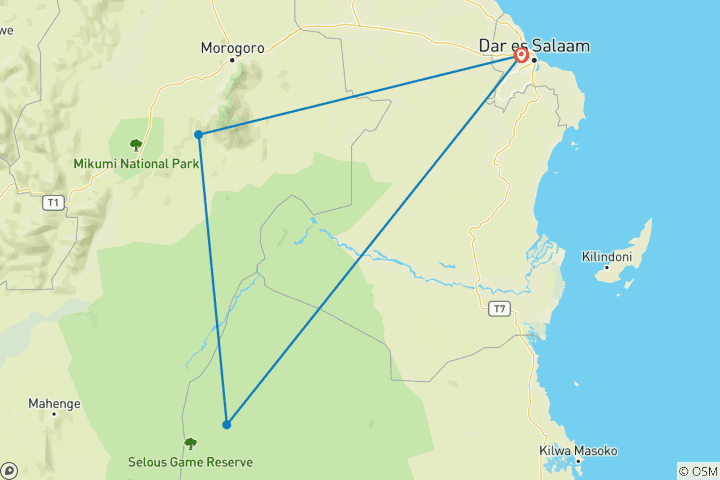 Mapa de Excursión de 5 días a la Reserva de Caza Selous y al Parque Nacional Mikumi