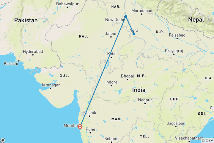 Map of From Gateway to Grandeur: Mumbai to Taj Mahal Flight Tour