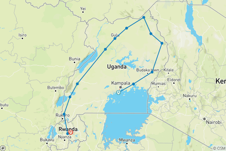 Carte du circuit Aventure Safari intensif à travers l'Ouganda et le Rwanda - circuit privé - 16 jours