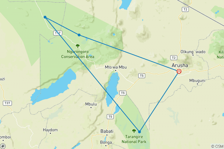 Map of 4 Days Tanzania Private Camping Safari