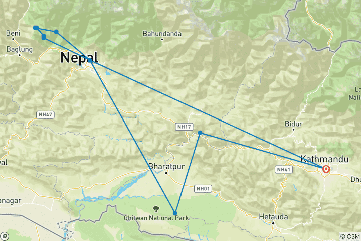 Map of 12 Days Budget Nepal Trip with Rafting