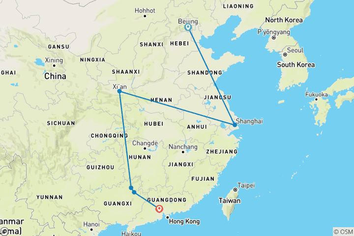 Map of Fabulous China 10 Days: Beijing, Shanghai, Xian, Yangshuo, Guangzhou