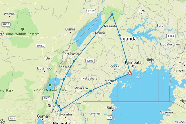 Mapa de Safari de 10 días por Uganda para explorar los gorilas, los 5 grandes y los grandes felinos