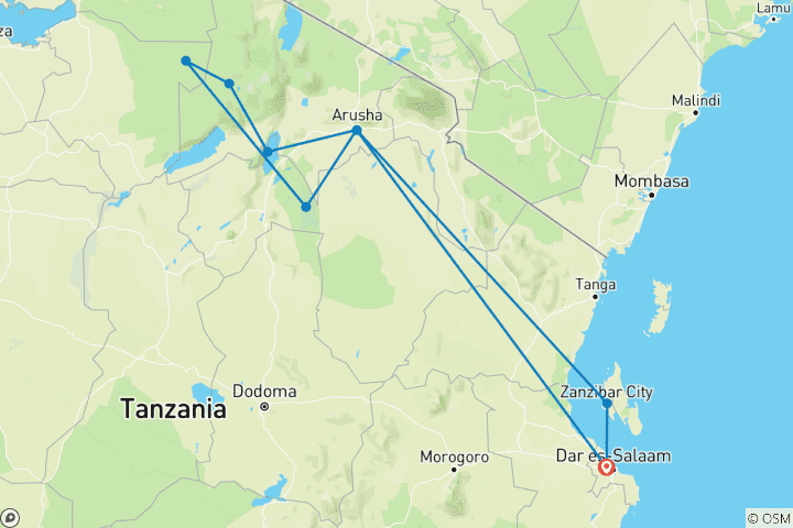 Carte du circuit Safari de luxe de 12 jours en Tanzanie avec vacances à Zanzibar