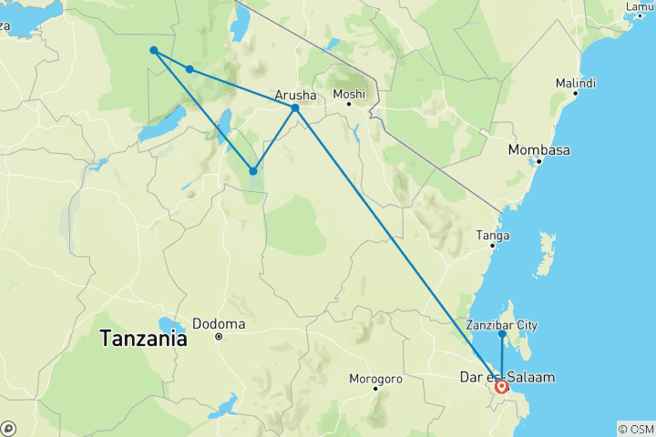 Map of 12 Days Tanzania  Luxury Safari and Zanzibar Beach Holiday