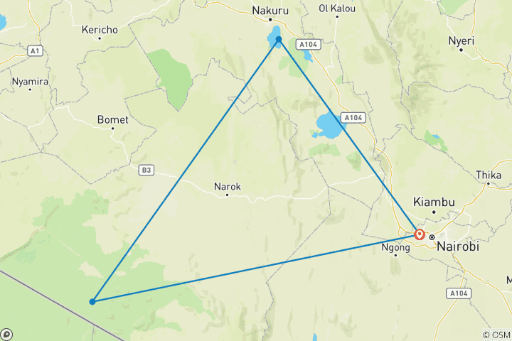 Map of 4 Days Kenya Masai Mara and Lake Nakuru mid range Lodge joining safari