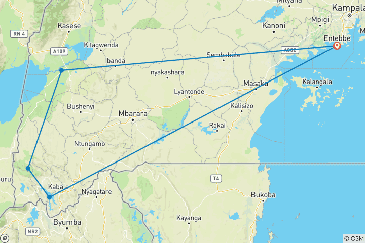 Carte du circuit Explorez les gorilles d'Ouganda, le lac Bunyonyi et les lions qui grimpent dans les arbres (en exclusivité)