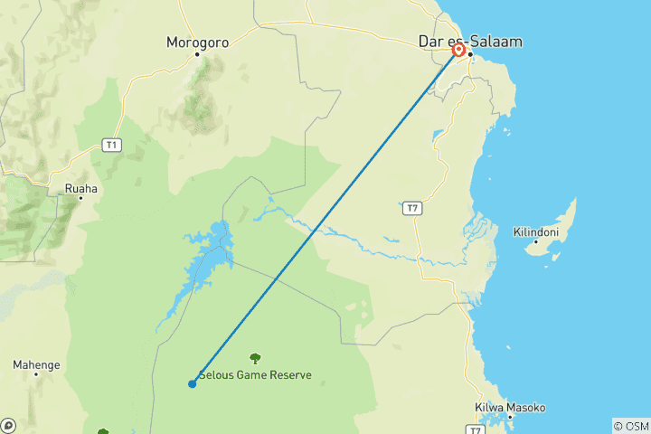 Kaart van 3 Dagen Nyerere NP (voorheen Selous Game Reserve) Overnachtingen in middenklasse.