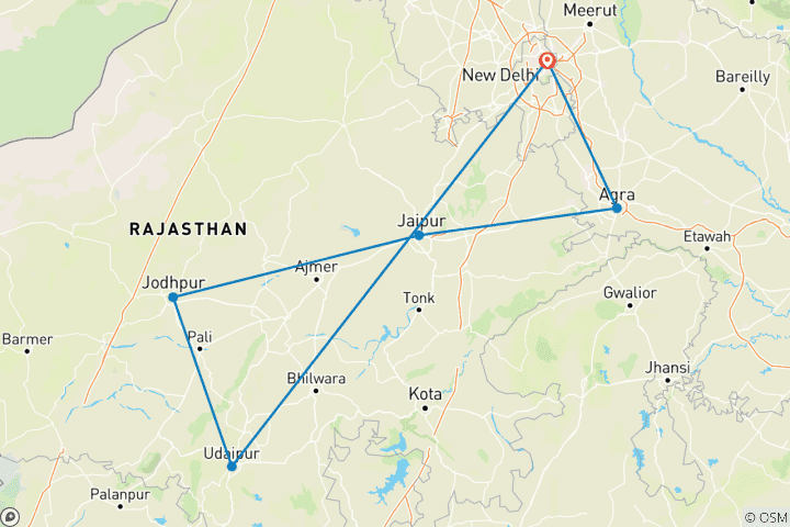 Map of Majestic 10 Days Golden Triangle Tour  with Jodhpur And Udaipur(ALL INCLUSIVE)