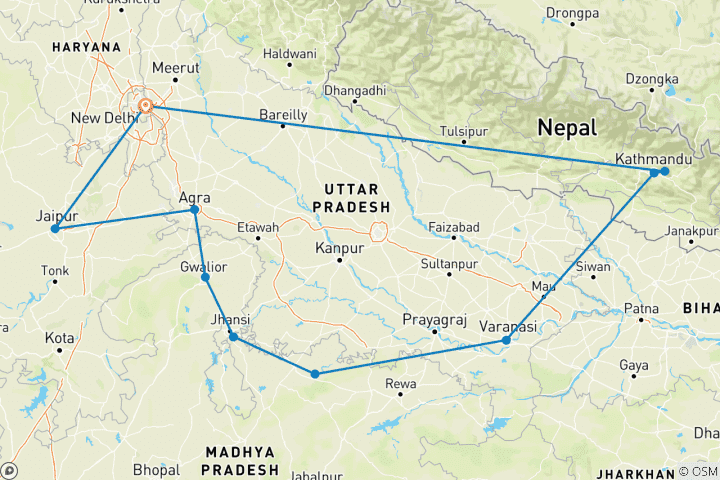 Map of Famous 14 Days of Northern India's Tour with Serene Nepal(All Inclusive)