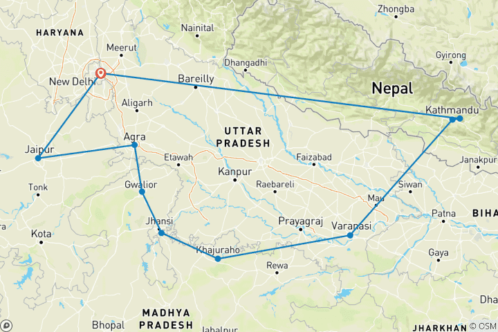Map of Famous 14 Days of Northern India's Tour with Serene Nepal(All Inclusive)