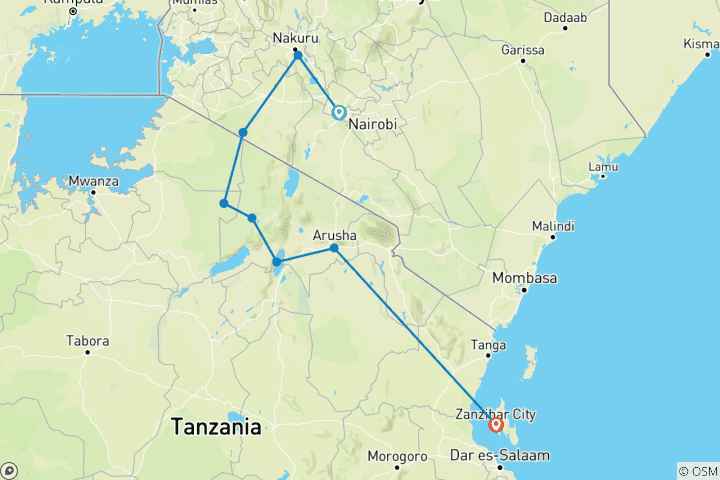 Kaart van 15 Daagse Kenia Tanzania Mid Range Safari & Zanzibar Strandvakantie 2026
