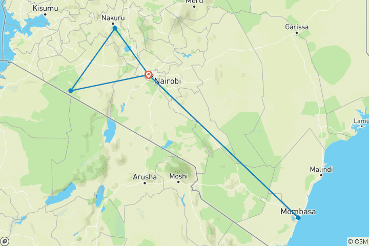 Map of 7 Days Kenya mid range safari and Beach Holiday