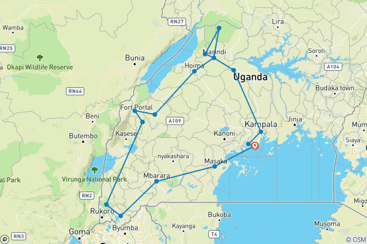 Mapa de Safari de 10 días por Uganda para ver aves, rinocerontes y primates - circuito privado