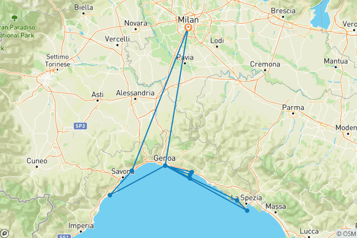 Map of 4 Days Italian Riviera Tour - from Milan