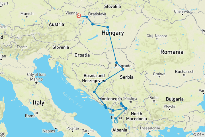 Carte du circuit Circuit en petit groupe ; Les Balkans et l'Europe centrale de Tirana à Vienne