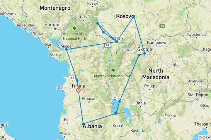 Karte von Albanien, Kosovo & Nordmazedonien; Halbprivate Tour mit engagiertem Reiseleiter & Auto
