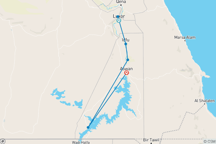 Carte du circuit Bateau de croisière sur le Nil 5 jours - 4 nuits entre Louxor et Assouan Haute Égypte