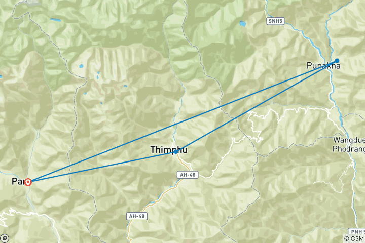 Kaart van Bhutan, 6-daagse rondreis (op aanvraag)