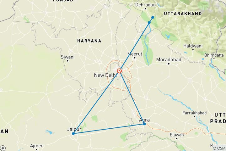 Map of Golden Triangle with Haridwar and Rishikesh, Supersaver