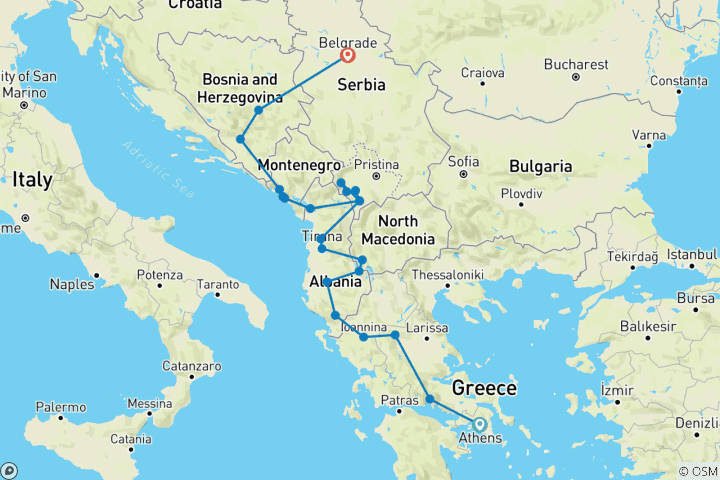 Map of Semi-Private Balkans Tour; From Athens to Sarajevo or Belgrade