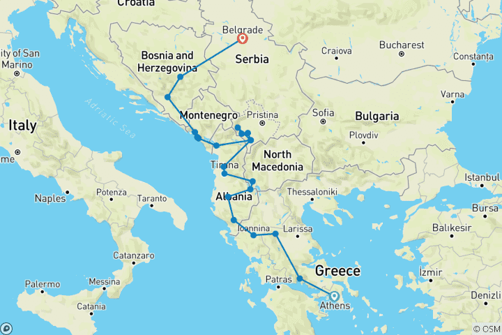 Map of Tour from Athens to Sarajevo or Belgrade: 7 Balkan countries in 14 days