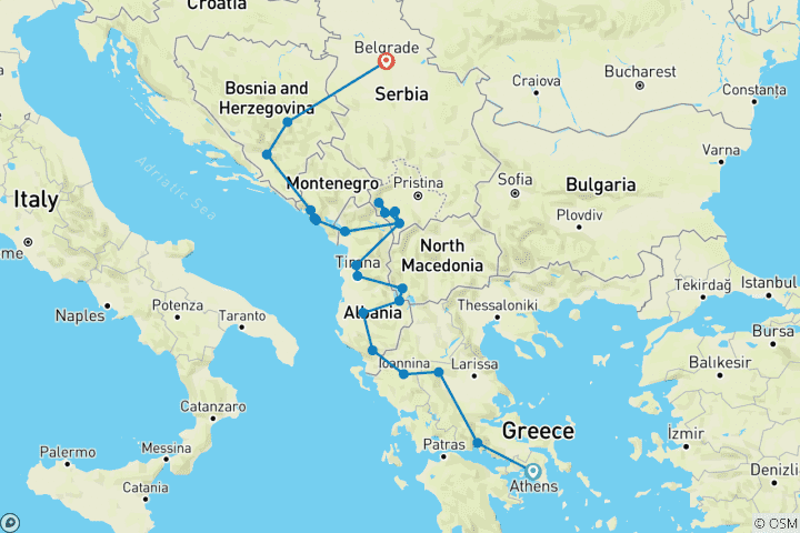 Map of Athens to Sarajevo / Belgrade; Semi – Private Tour with Dedicated Tour Leader & Car