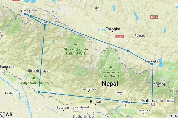 Mapa de De Simikot a Kailash