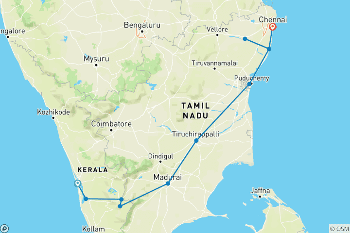 Carte du circuit Circuit romantique de 12 jours dans le sud de l'Inde au départ de Kochi - tout compris