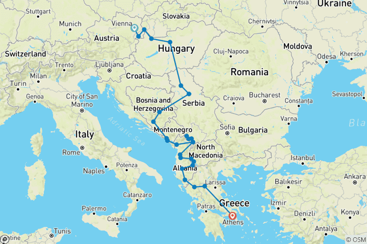 Karte von Halbprivate Tour Mitteleuropa & der Balkan von Wien nach Athen / Korfu