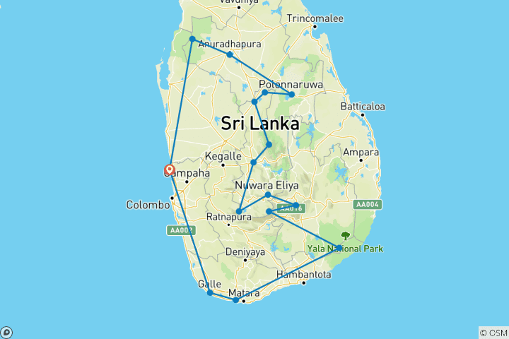 Carte du circuit Le Sri Lanka découvert avec la vie sauvage, la nature, l'aventure et la culture