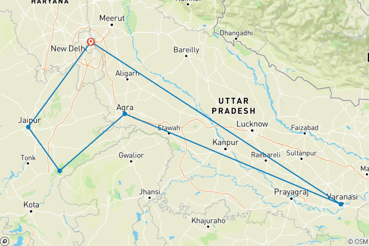 Map of 10 Days Private Golden Triangle with Ranthambore Wildlife Safari & Varanasi