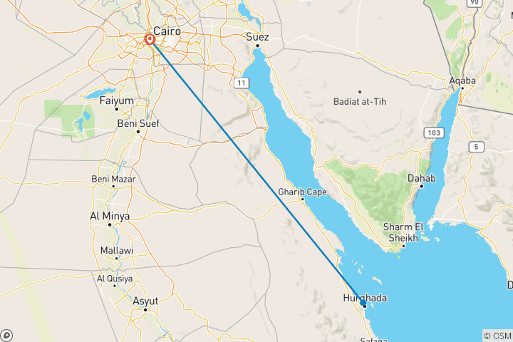 Map of 6 Days Cairo and Hurghada Holiday