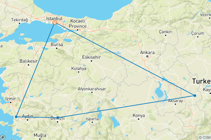 Map of 8 Days - Ephesus Pamukkale Cappadocia Istanbul Tours