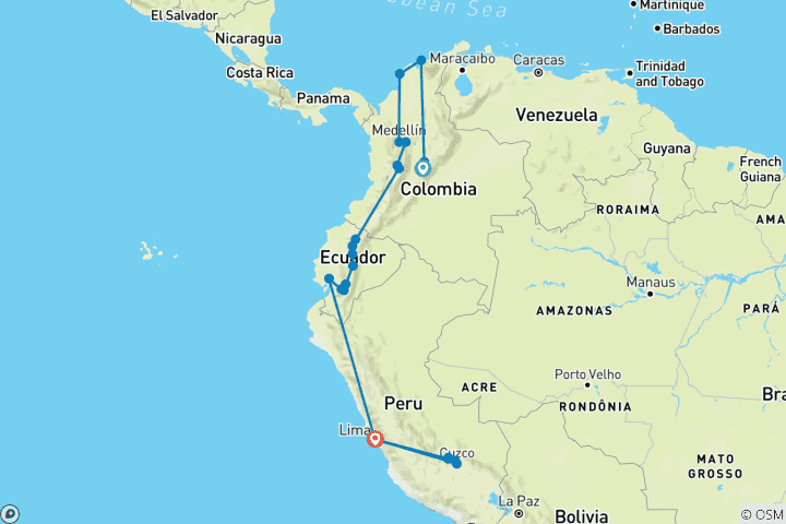 Map of Colombia, Ecuador & Peru Express 22 Days Tour