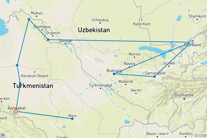 Map of Uzbekistan & Turkmenistan Adventure (including Kunye Urgench)