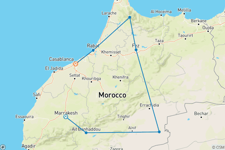 Carte du circuit Circuit autour du Maroc (visite guidée/hôtels de qualité supérieure)