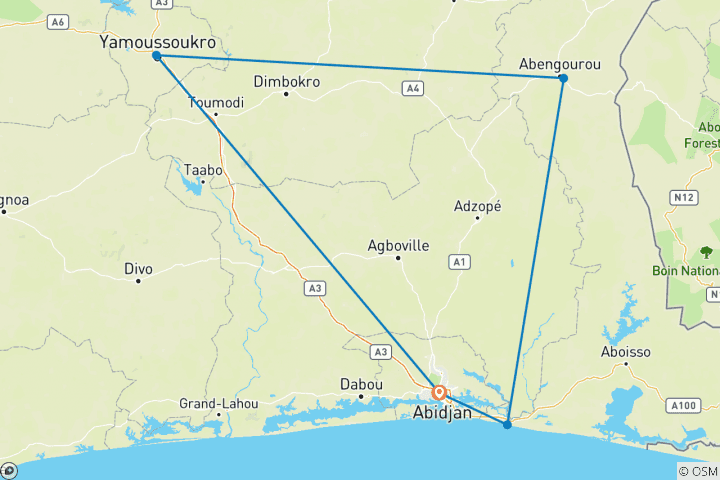 Carte du circuit Découvrez la Côte d'Ivoire 7 jours