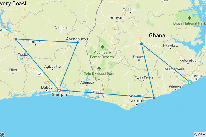 Map of Explore Ghana & Cote D’Ivoire – 10 Days