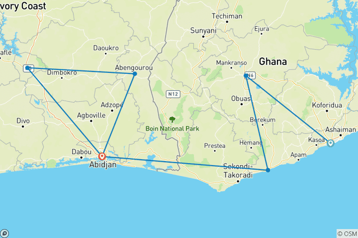 Map of Explore Ghana & Cote D’Ivoire – 10 Days