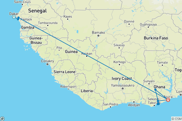 Kaart van Ontdek Senegal & Ghana - 11 dagen