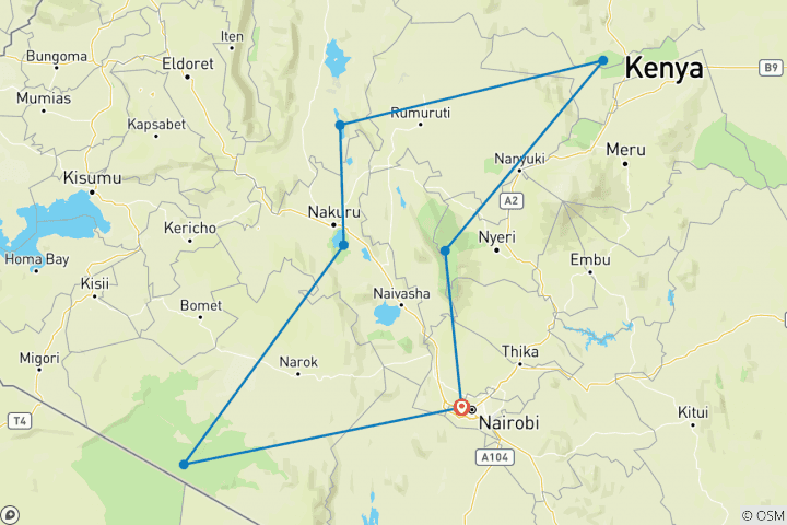 Map of 9 Day  Kenya Lodge Safari to Ark Lodge - Samburu - Bogoria and Masai Mara