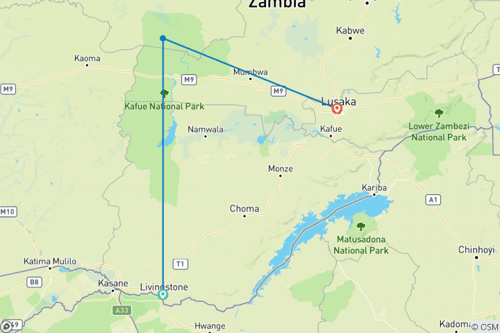 Map of Kafue 6 Days / 5 Nights Budget Safari