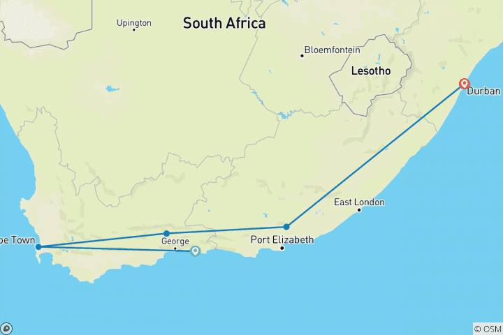 Map of Coastal Tour from Cape Town to Durban